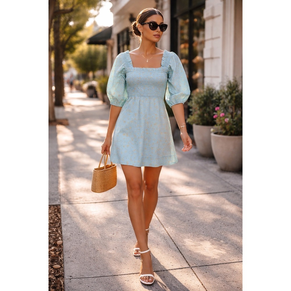 Ganni Light Blue Puff-Sleeve Mini Dress